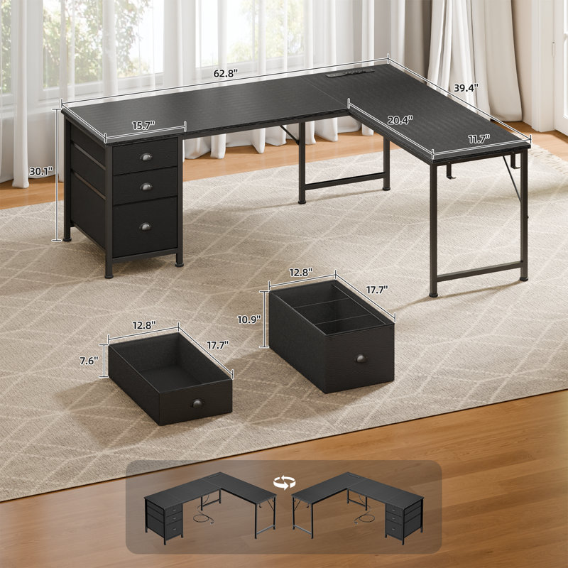 62.8" L-Shaped Gaming Desk with Power Outlets, Computer Desk with Drawers, Black