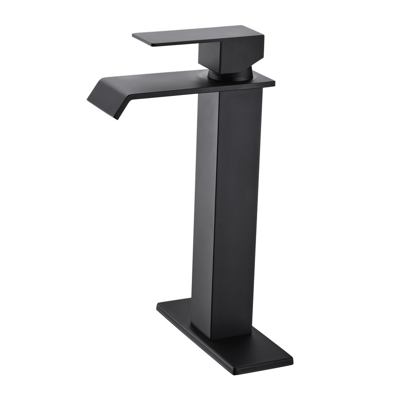 & Bathroom Sink Faucet, Waterfall Spout, Single Lever, Matte Black Stainless Steel, 1.2 Gpm Water Flow, Pop Up Drain Assembly Approved Handle, Corrosion Resistance, Flow Rate,