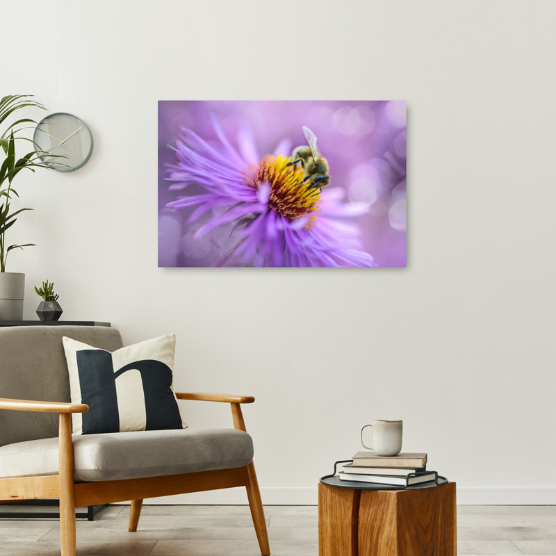 Vibrant Purple Bee Delicate Vibrant Bee Flower Nature Wall Art Print 1 Piece Wrapped Canvas Wall Art, 60.96cm H x 91.44cm W