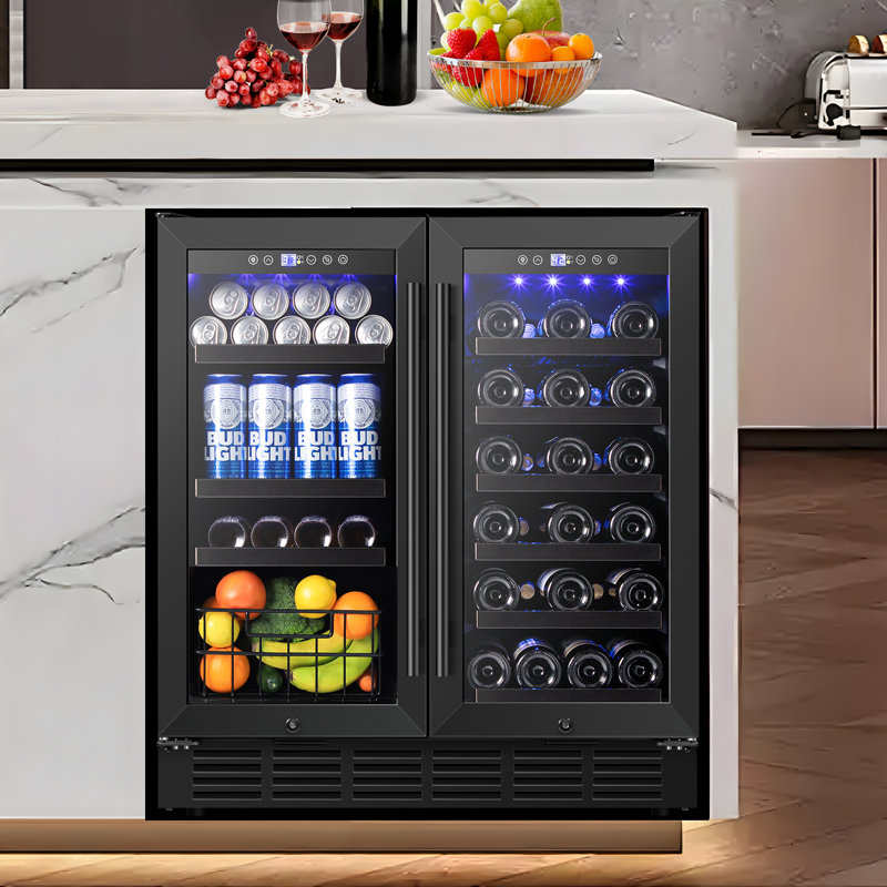 30" Wine And Beverage Refrigerator Black 33 Bottle And 130 Can Built-In/Freestanding Wine Cooler With Basket Dual Zone