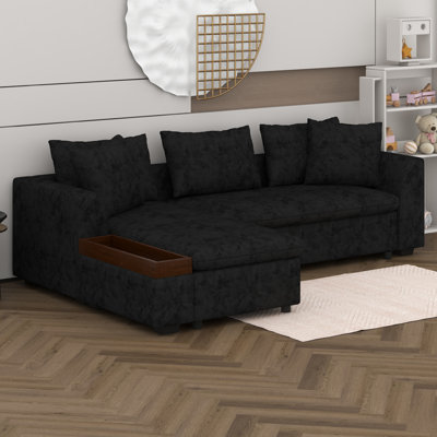 L-Shaped Sectional Sofa With Wooden Storage Compartment, Chenille Upholstered Couch And Throw Pillows