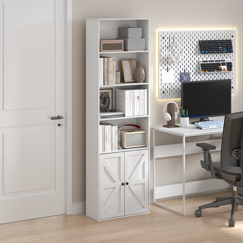 Jensen Farmhouse 6-Shelf Display Bookcase, Bookshelf with Doors, White