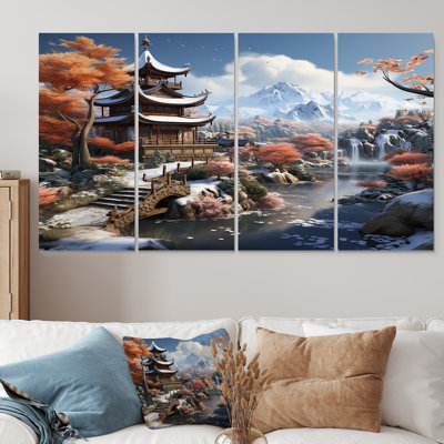 «Asian Snow Landscape Temple Serenity II - China», ensemble de 4 pièces d'art mural