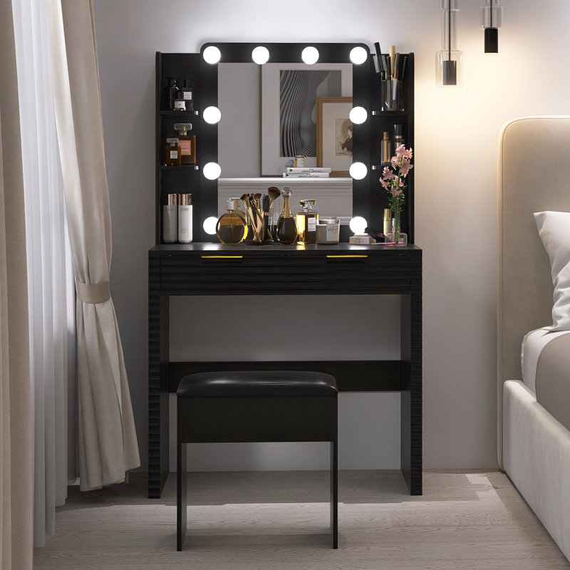 Meuble-lavabo noir avec lumières Hollywood, coiffeuse avec station de charge, tiroirs, tablettes et tabouret de rangement | Idée de cadeau