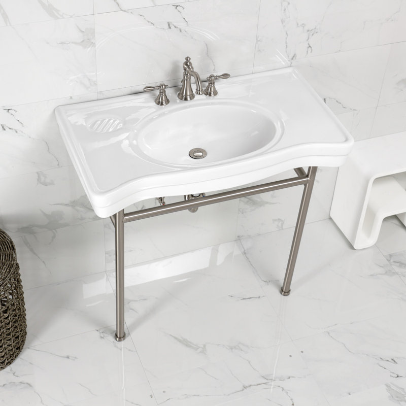 Kingston Brass Bristol 36-Inch Ceramic Console Sink with Stainless Steel Legs (8-Inch, 3-Hole), White/Brushed Nickel