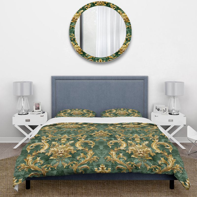 Ensemble de housse de couette damassé et motif baroque vert doré III, Housse de couette très grand + 2 taies décorativ