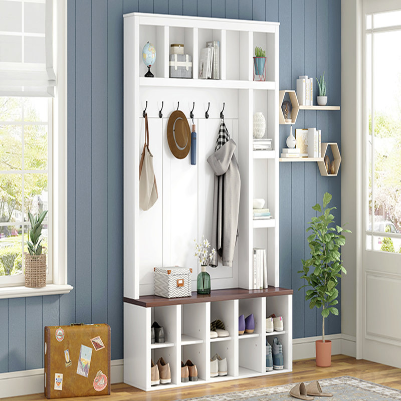 Farmhouse Wooden Hall Tree with 6 Hooks, Walnut Storage Bench with Adjustable Shelves, 4-in-1 Entryway Shoe Cabinet with Cubbies for Mudroom, Living Room, White, 76.7"H
