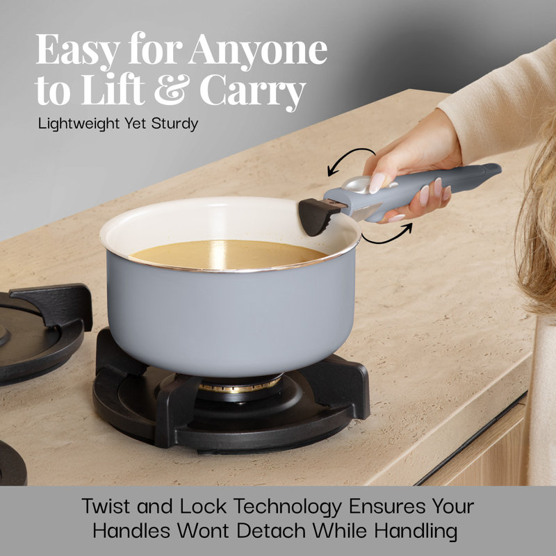 Gray and Cream Aluminum Ceramic Nonstick Cookware Set with Detachable Handles