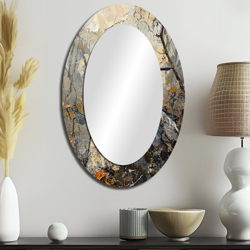 Chickadee Bird On A Pine Cone III - Black Eclectic Oval Wall Mirror, 36" x 24"