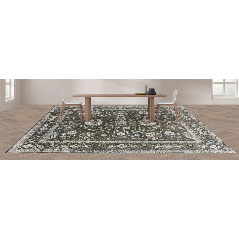 Oriental Area Rug in Dark Green/Ivory, Rectangle 8' x 10'