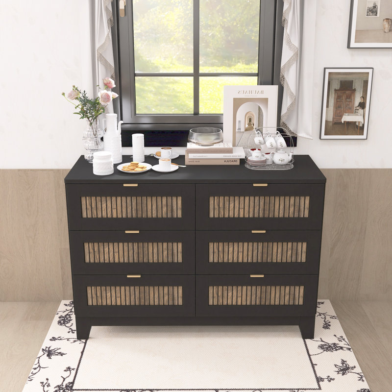 Rustic Farmhouse Style Wooden Dresser With 6 Drawers, Black