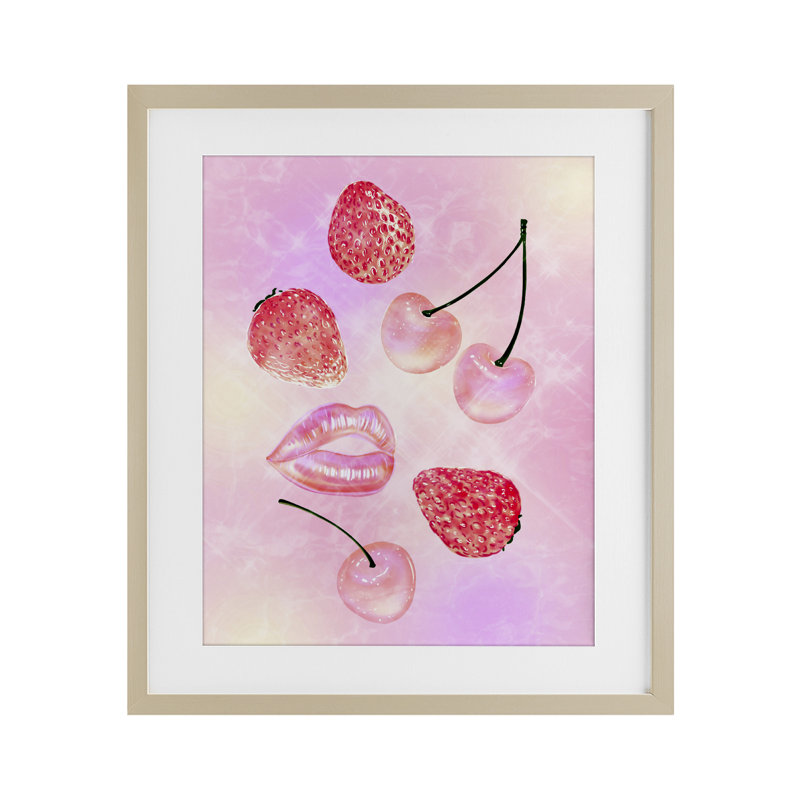 «Pink Fruits and Kisses», reproduction sous verre encadrée, design par Ziwei Li, H 16 po x l 13 po, Cadre de récolte en pin