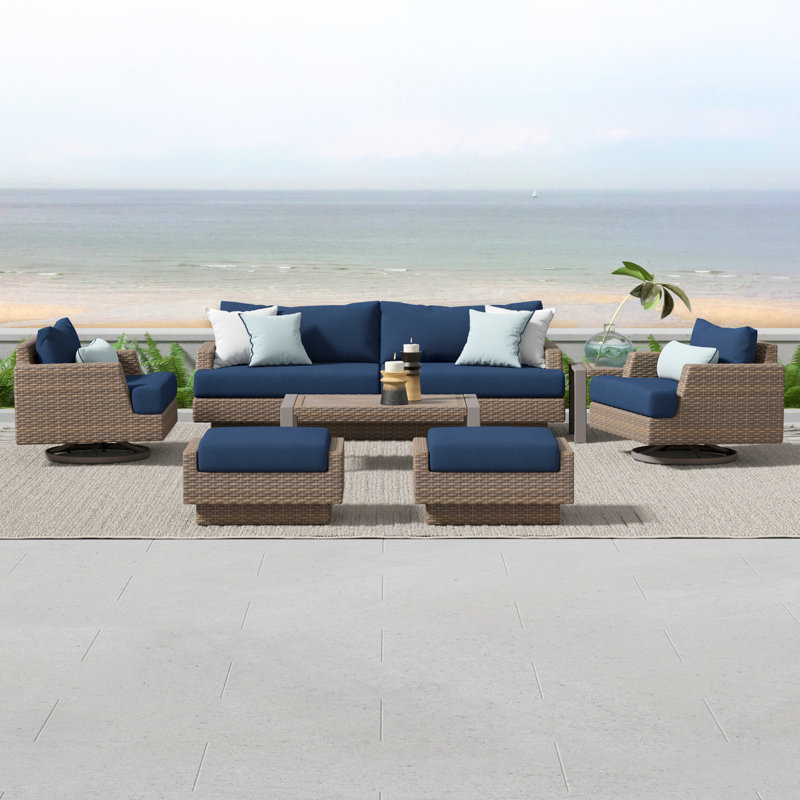 Ensemble de conversation 7 pièces avec coussins Sunbrella Jorolf, Spectre indigo Sunbrella®, Brun