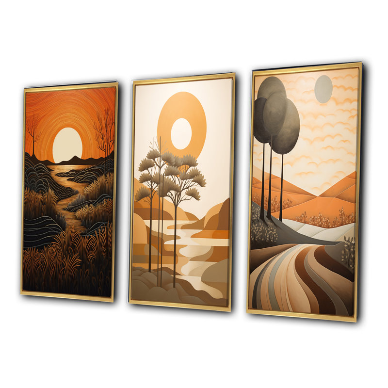 «Golden Sunset In The Retro Mountain Meadows IV», 3 pièces sur toile, H 60 po x l 40 po, Cadre flottant doré