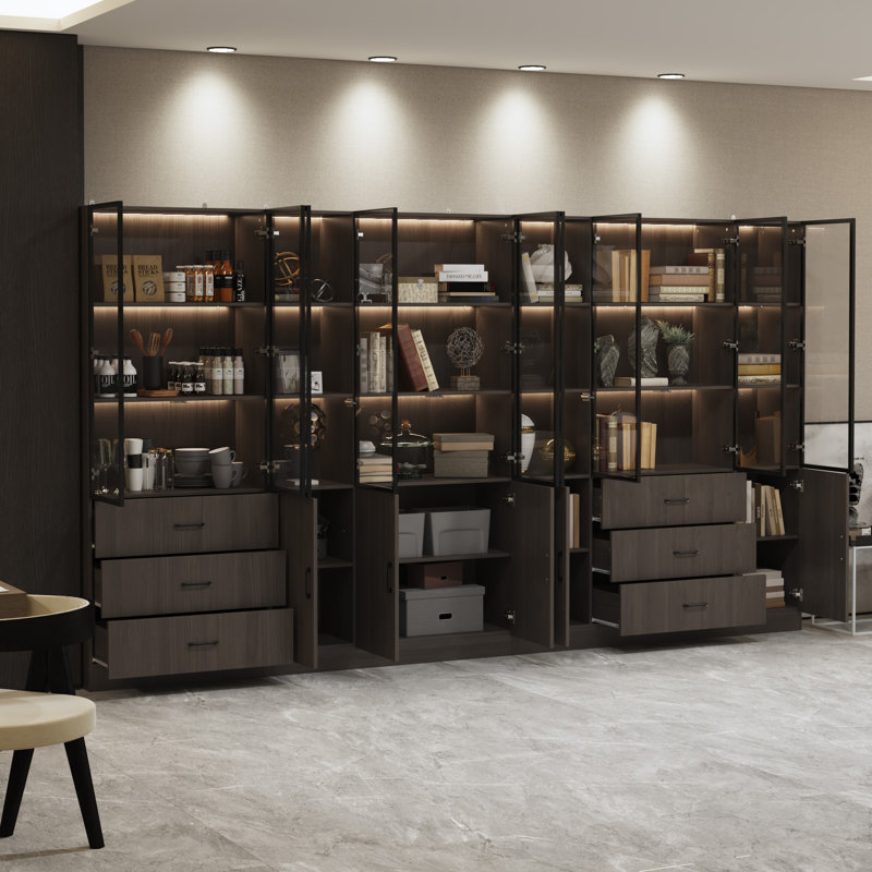 Modern Aluminum Frame Bookcase Set With Tempered Glass Doors, 3-Color LED Lighting, And Storage Drawers