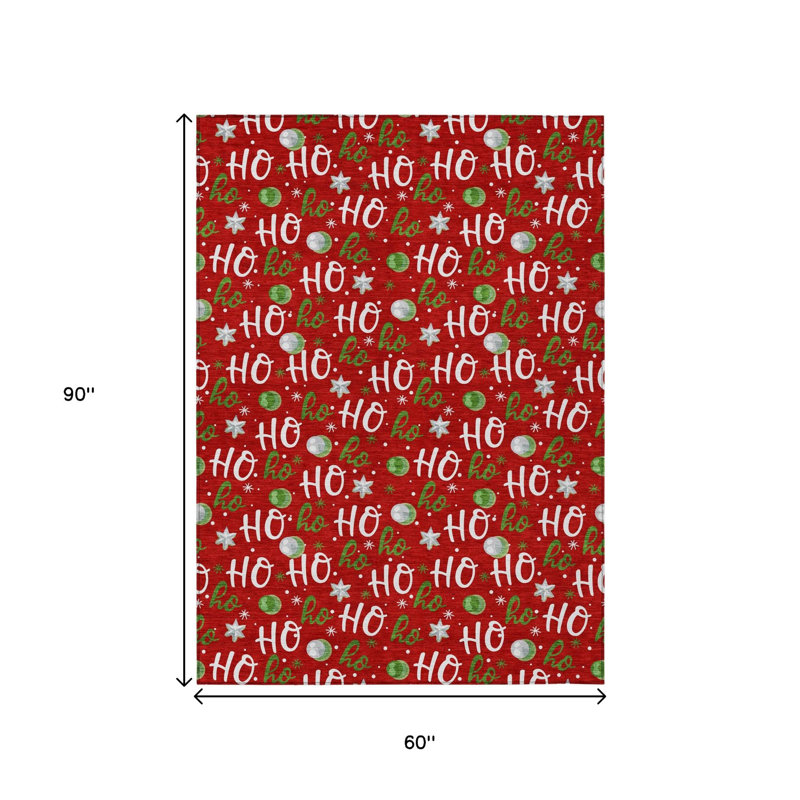 Tapis lavable intérieur/extérieur rouge, blanc et vert « Ho Ho Ho » de 152 x 244 cm