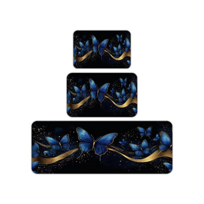 Black Gold Blue Butterfly Kitchen Rug 3 Piece Set for Glam Kitchen & Bedroom