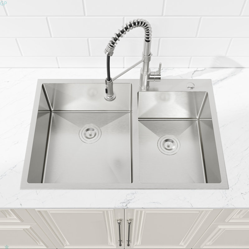 Évier de cuisine encastré 33 po x 19 po à double cuve, lavabo sur pied fait à la main brossé (évier seulement)