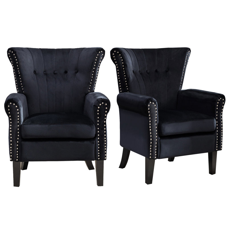 Tufted Wingback Accent Chairs With Classic Arms And Wooden Legs, Classic Black Velvet