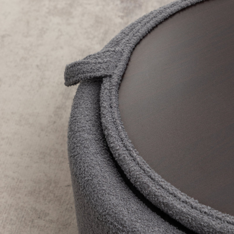 Savinien Upholstered Round Storage Ottoman, Gray Performance Boucle