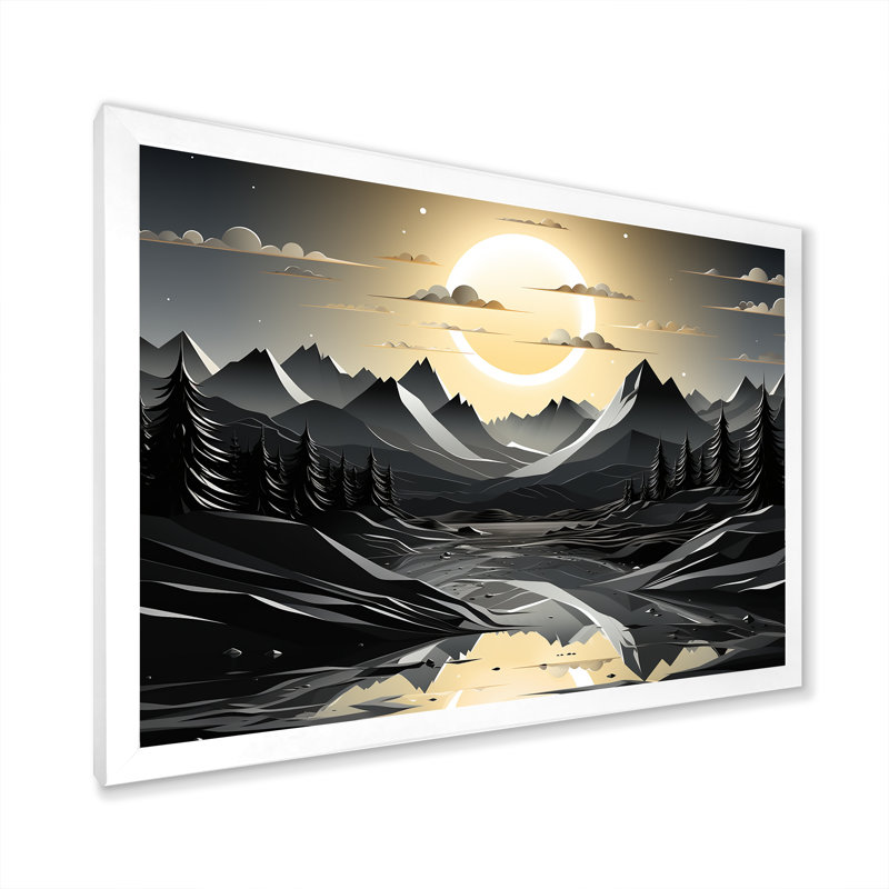 Silhouette de lune, sommet de montagne, paysage - montagnes, art mural, Cadre d'angle fermé blanc, H 12 po x l 20 po x P 1 po