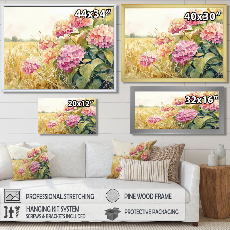Paysage d'hortensias dans le champ de maïs - hydrangées, art mural, Impression encadrée flottante, H 16 po x l 32 po