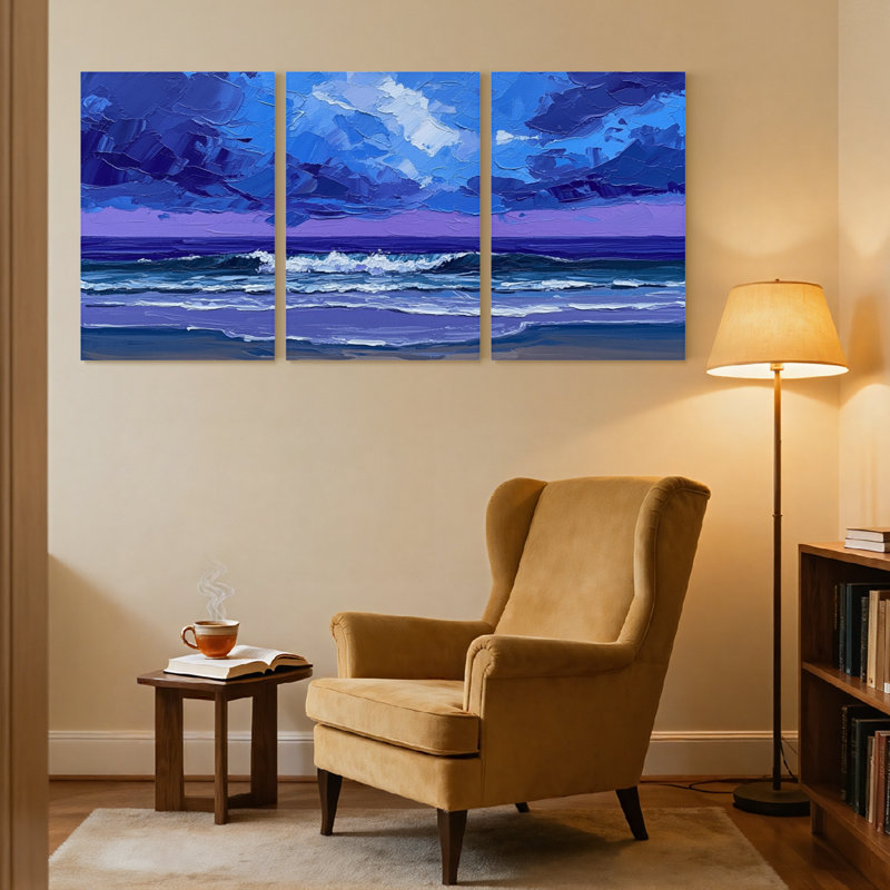 Nautique et plage, vagues de l'océan sous un ciel mauve, ensemble de 3 impressions sur toile, H 18 po x l 36 po