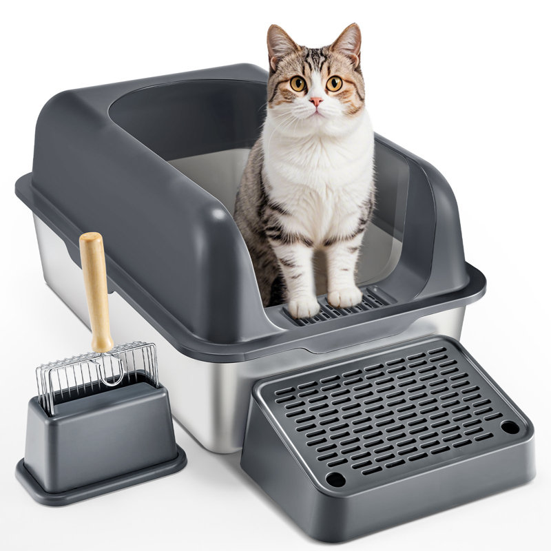 Bac à litière pour chat, bac à litière pour chat avec pelle, pied de lit filtrant large et côtés hauts, bac à litière fermé facile à nettoyer, adapté aux grands chats