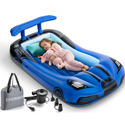 Inflatable Toddler Travel Bed with Safety Bumpers and 2-Min Auto Pump - 330-lb Capacity Portable Kids Bed - Blue