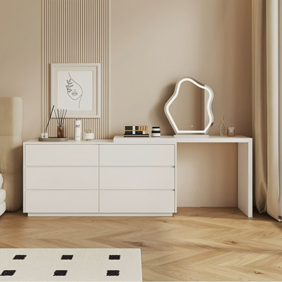  Eduart Extendable Vanity Modern Solid Wood 6 Drawers Dresser, Fully Assembled