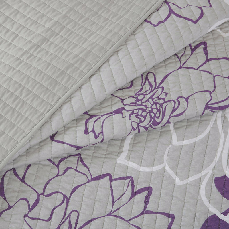 Ensemble de courtepointe en coton imprimé 6 pièces avec coussins décoratifs gris taupe / mauve double / grand
