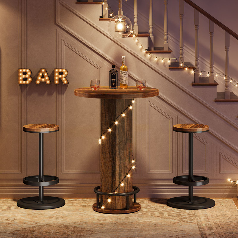 Round Bar Table Set, Farmhouse  Home Bar with 2 barstools