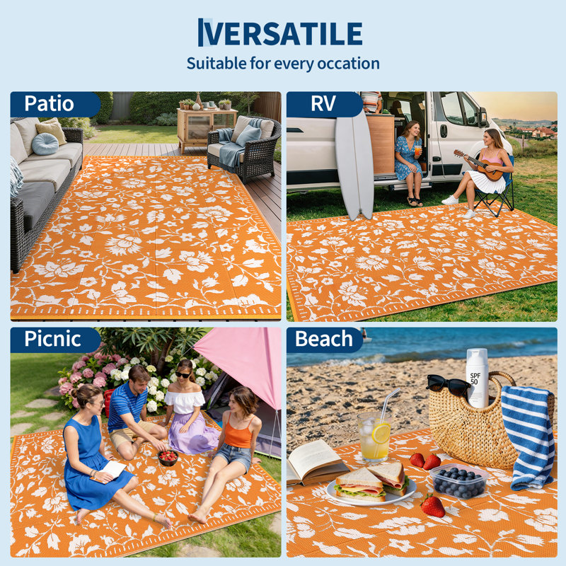Outdoor Rug Waterproof Reversible Vintage Plastic Straw Carpet Lightweight Collapsible Patio Mat with Portable Bag UV Resistant, Ideal for Backyard, Beach, RV Deck