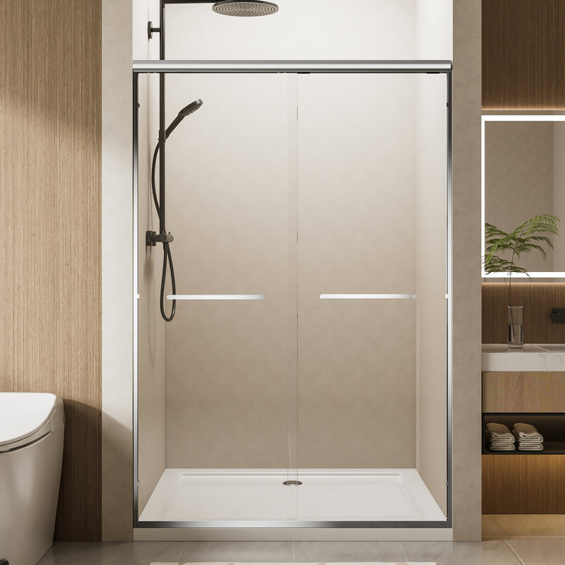 60" Wide Aluminum Double Sliding Shower Door, 1/4" Nano - Coated Tempered Glass, Corrosion Handles, Waterproof Design And For Bathroom 72" H Frame Dual In