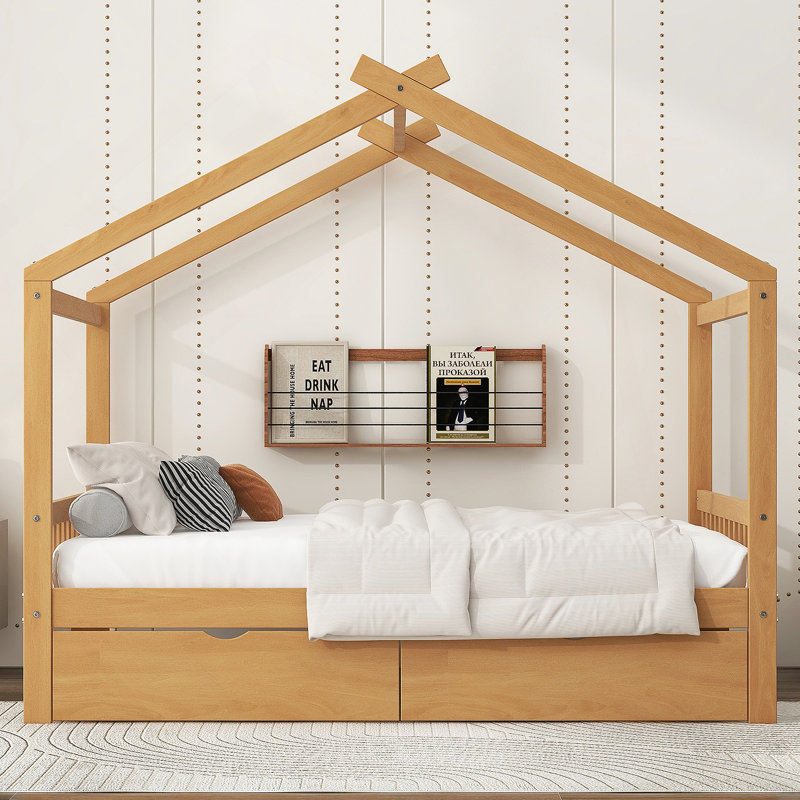 House Platform Bed with Two Drawers,Headboard and Footboard, Roof Design, Naturel