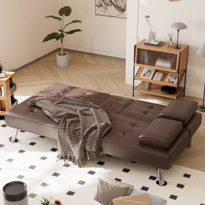 Canapé-lit futon convertible pliable en similicuir avec 2 porte-gobelets
