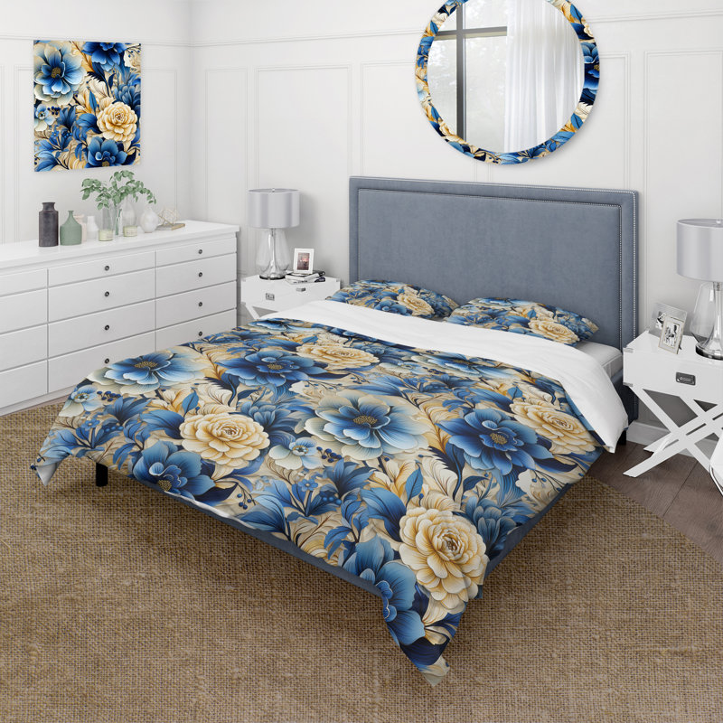 Ensemble de housse de couette à motif floral blanc et bleu Bliss Floral IV, Housse de couette simple + 1 taie décorative stan
