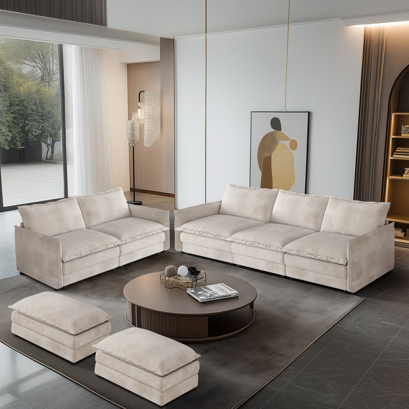  5-Seat Modular Sectional Sofa Set With Reversible Ottomans, 109" 3-Seat Sofa + 75" Loveseat, Velours côtelé beige
