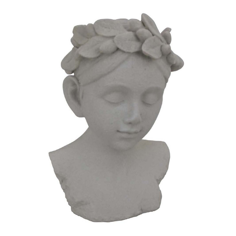 Buste féminin Sanie avec couronne florale, résine grise 17 pouces