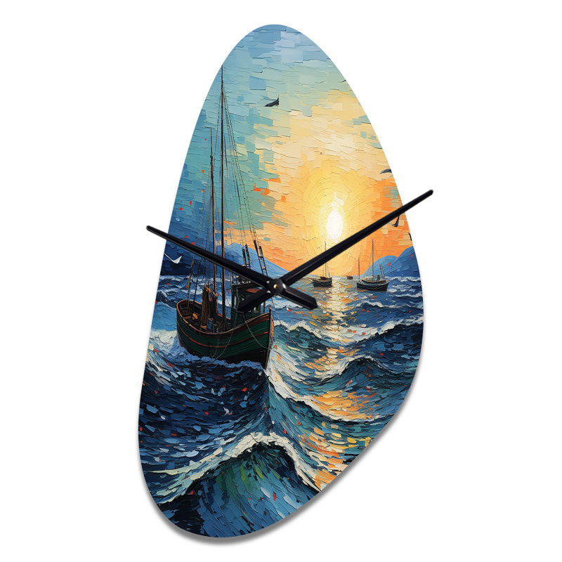 Vangogh - Paysage marin avec pêche III - Grande horloge murale sarcelle - forme unique, Grand