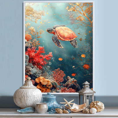 Cossandra Aquarium Turtle Coral Sanctuary IV - Turtle Wall Art for Living Room
