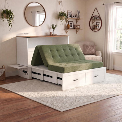 Full Murphy Bed with Storage & Charging Station – Farmhouse Cabinet Bed, Noiseless Hideaway, Mattress Included