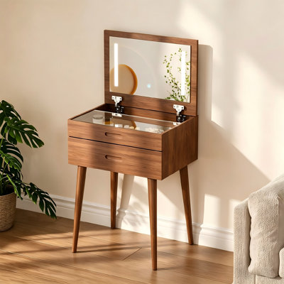 Coiffeuse en bois massif avec miroir lumineux à DEL, plateau en verre et 2 tiroirs, noyer