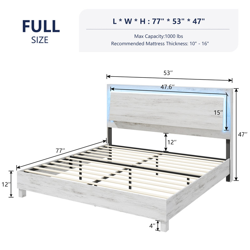 Tête de lit double avec lumières DEL Carnbrock, 47 po, blanc, Double, Blanc