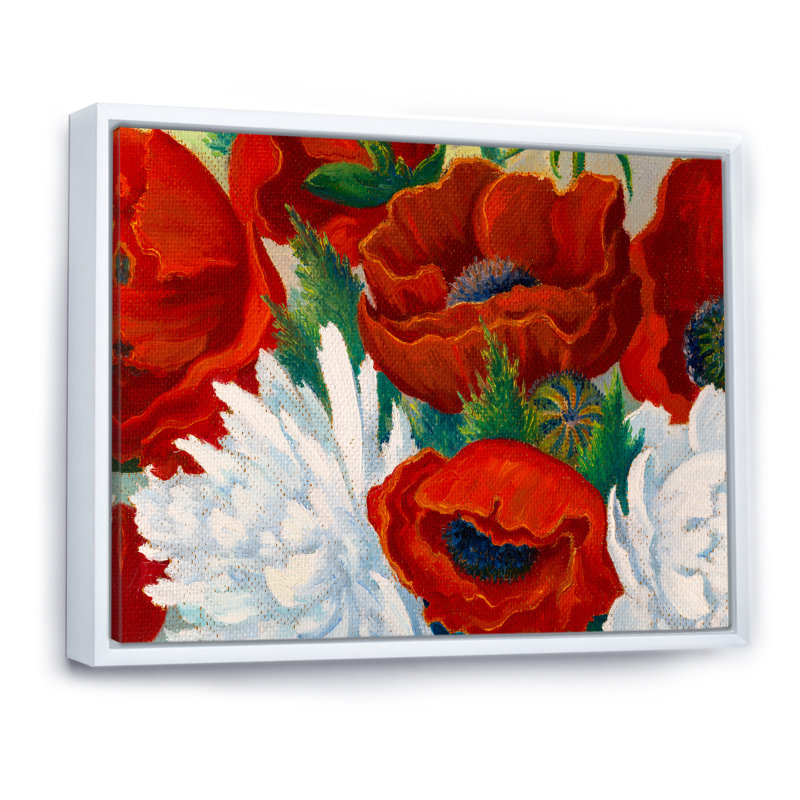 Nature morte aux coquelicots rouges et aux fleurs blanches II - reproduction sur toile, H 16 po x l 32 po x P 1 po