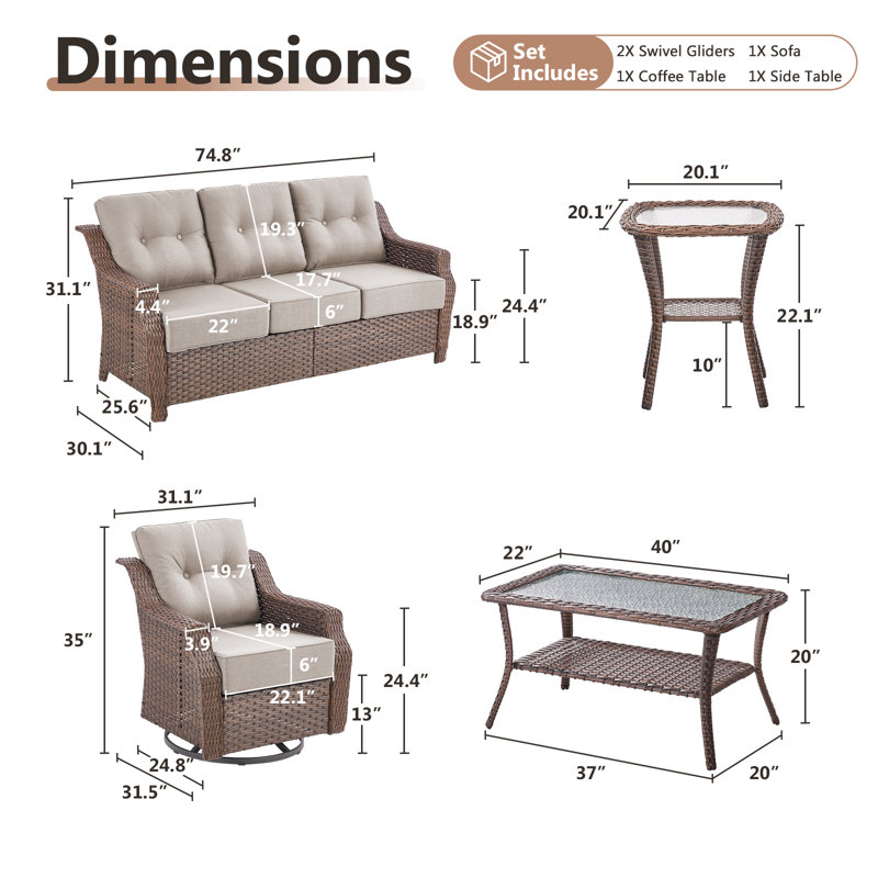 5 - Pieces Outdoor Wicker Sofa Seating Group With Table And 6" Thick Cushions, Beige