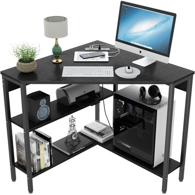 Hatal Corner Desk with Outlets & USB Ports, 90 Degree Triangle Corner Table with Storage Shelves