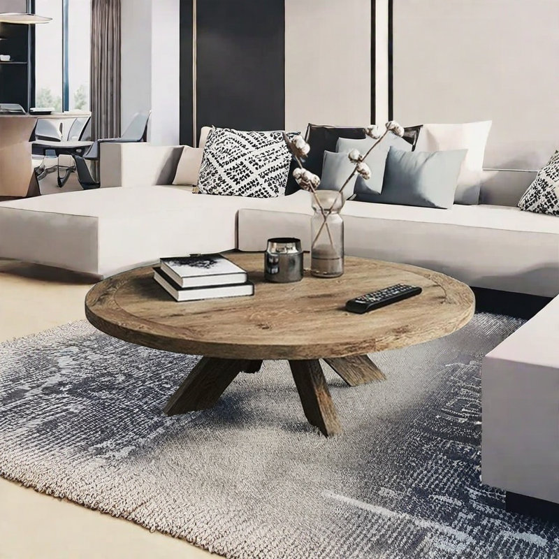 Retro American Solid Wood Round Coffee Table, 15.74" H x 39.37" L x 39.37" W