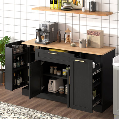Multi-Functional Storage Sideboard, Extendable Dining Table, Adjustable Shelves, 3-Tier Pull-Out Rack, Kitchen Island Storage For Kitchen, Dining Room, Living Room