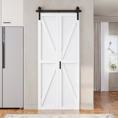 84" H Pre-Assembled Solid Core Panels Bifold Barn Door, White Primed Finish Folding Barn Door With Hardware Kit Included For Closet Pantry Laundry, Effective Sound Reduction, K Shape